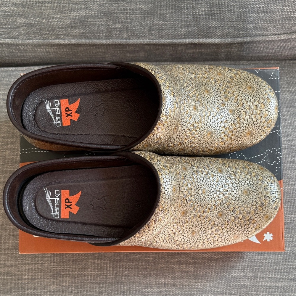 Dansko Leather Metallic Gold Floral Clogs